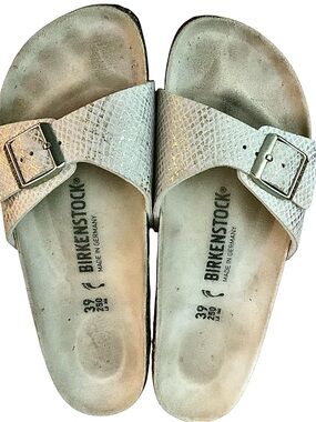Birkenstock Madrid One Buckle Sandal in Cream Snakeskin with Golden Flecks
